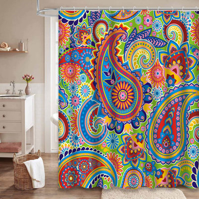 Traditional Asian Paisley Floral Teal Shower Curtain with 12 Hooks