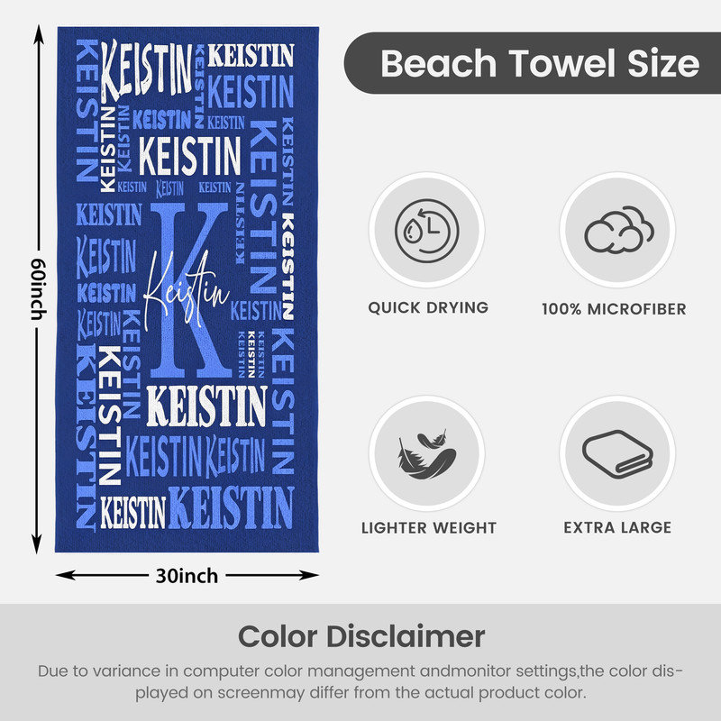  Serviette de plage personnalisée avec nom, serviette de bain en microfibre personnalisée 30 * 60 pouces bleu marine
