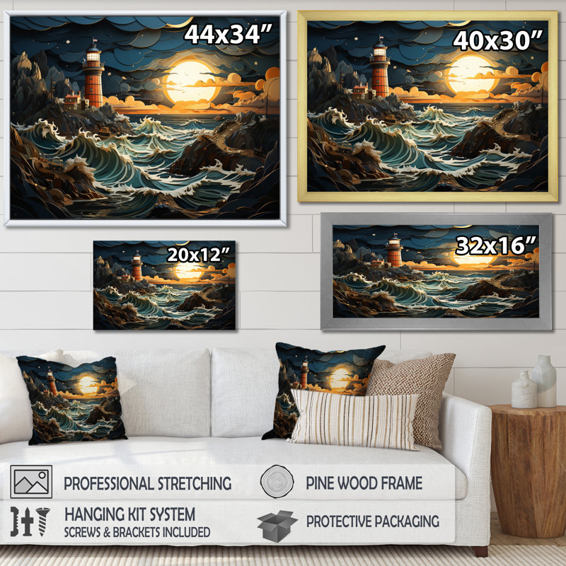Bord de mer majestueux phare II, reproduction d'art sur toile, H 30 po x l 40 po x P 1,5 po, Cadre photo noir