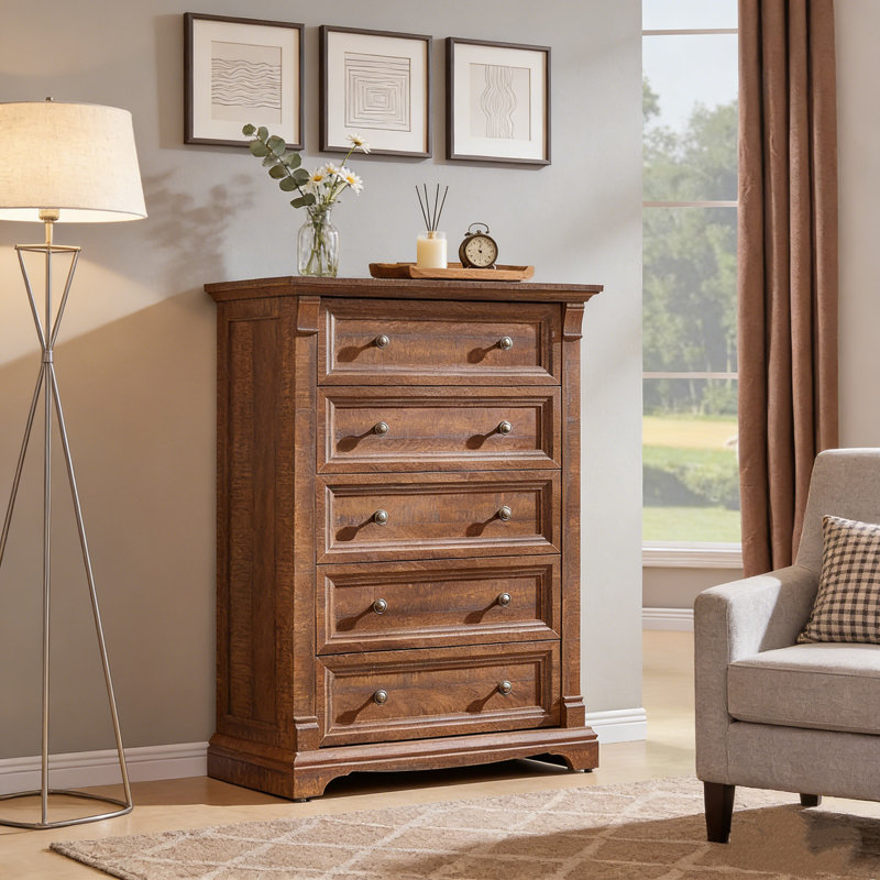 Farmhouse 5-Drawer Dresser - Solid Wood & Space-Saver, Brown