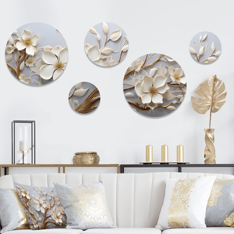 Orchidée blanche, jardin de branches - ensemble d'art mural abstrait floral rond de 5