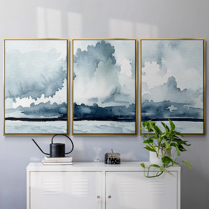 «Passing Rain Storm I» - Toile encadrée à pièces multiples_2740605C, Encadrement doré, H 24 po x l 48 po x P 2 po