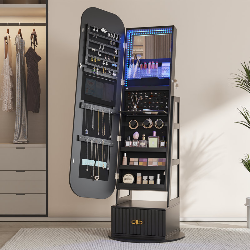 22.05" Wide Freestanding Jewelry Armoire With Mirror And Led Light, Black