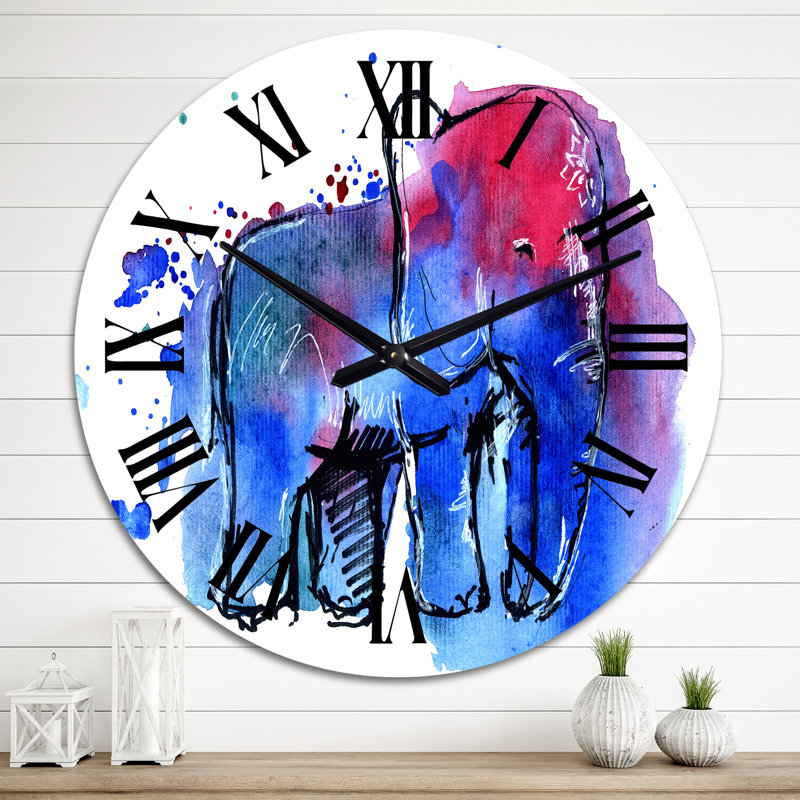 Impression d'éléphant bleu et rouge - Horloge murale traditionnelle, Surdimensionné