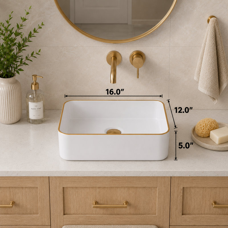 Lavabo de salle de bain vasque rectangulaire en céramique blanche 16 "x 12" avec garniture dorée - Meuble-lavabo moderne pour comptoir pour salle de bain contemporaine
