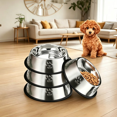 Stainless Steel Pet Dog Bowls with Non-Slip Rubber Base, Embossed Paw Print Anti-Scratch Rust Resistant Food Water Feeding Bowls, Durable Chew Proof Pet Dishes for Small Medium Dogs & Cats, Multi-Pack Available