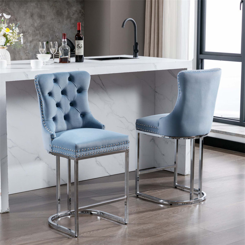 Jermon Upholstered Counter Stool with Metal Frame, Light Blue