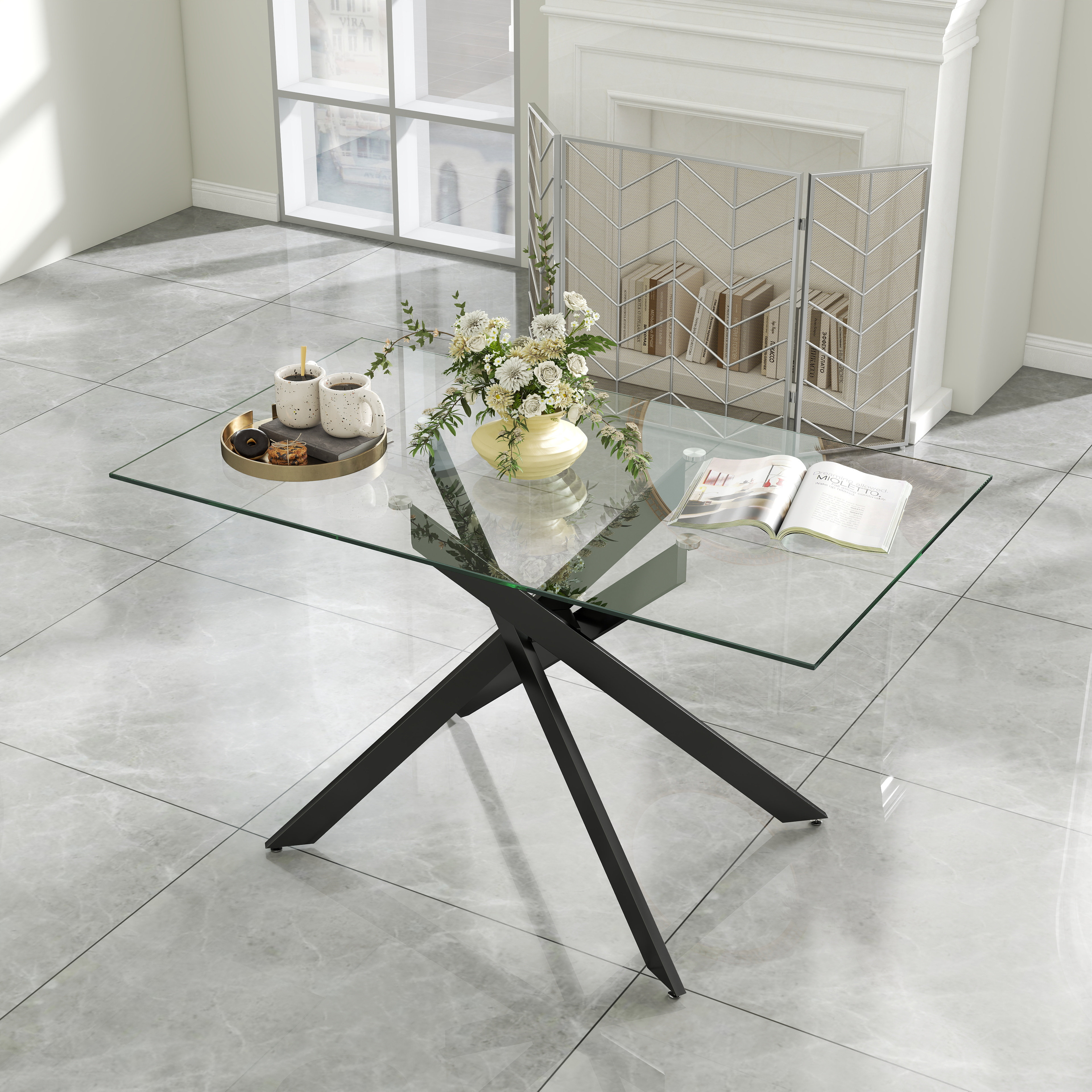 Wrought Studio™ Rectangle Tempered Glass Dining Table with Stainless ...