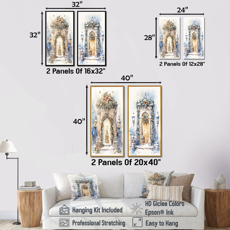Porte de guirlande de Noël en hiver I - ensemble de 2 reproductions d'art sur toile, Encadrement brun, H 32 po x l 33 po