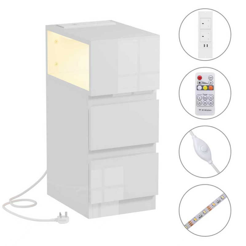 35 cm W Bedside Table, High gloss white 2 drawers
