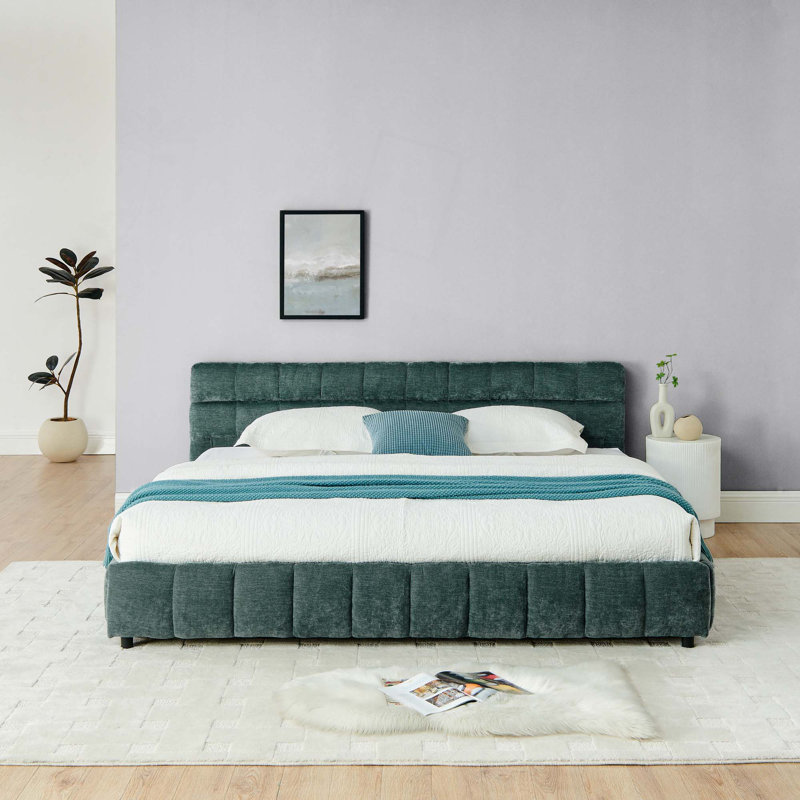 Upholstered Bed with Thick Fabric, Floor Bed, Beige, Grand lit, Non