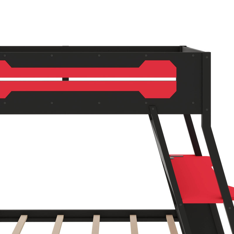 Lit simple superposé de jeu simple avec 2 bureaux intégrés, ports USB sur le bureau et rangement perforé, Noir / Rouge