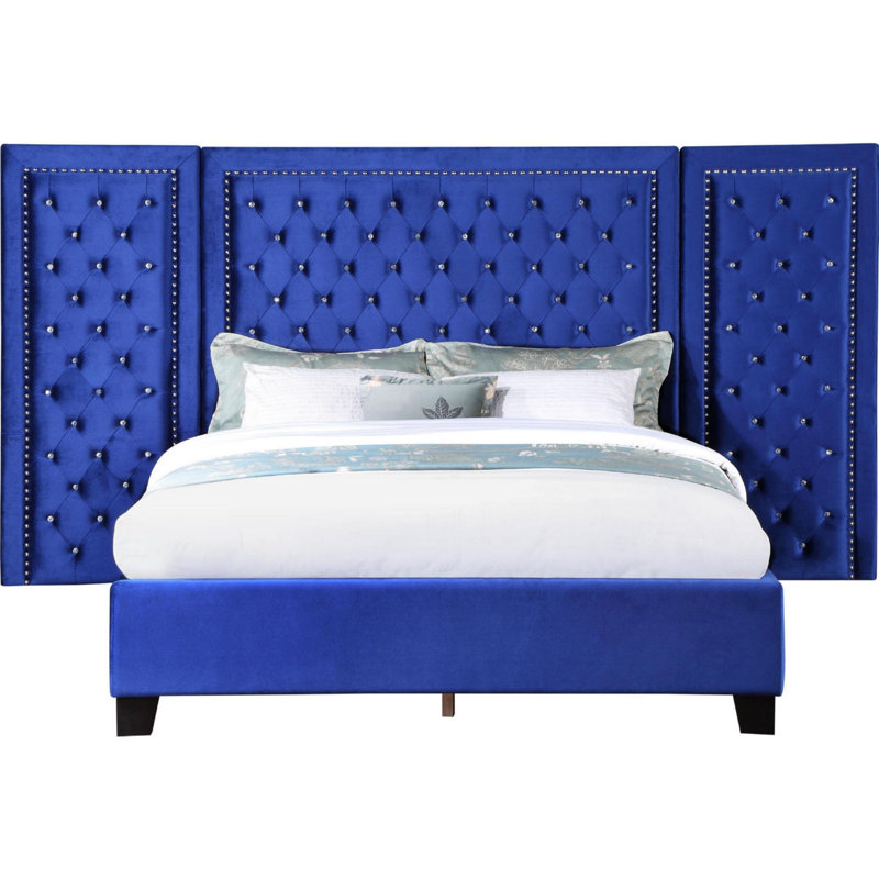 Lit plateforme tapissier Mayola, Bleu, Grand