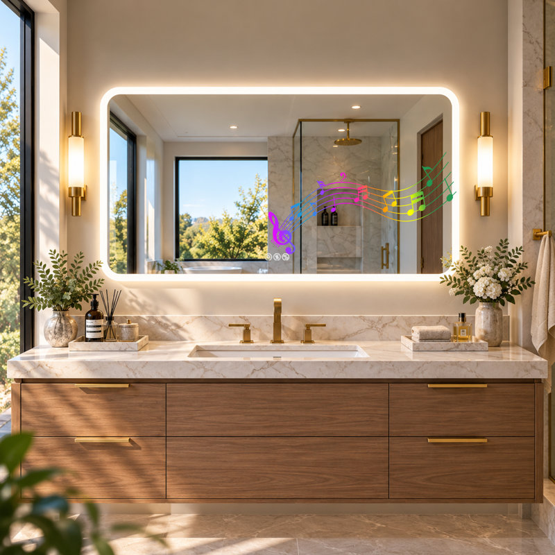 Miroir de salle de bain DEL 81 cm x 61 cm avec deux haut-parleurs Bluetooth, antibuée, éclairage à intensité variable 3 couleurs et fonction mémoire