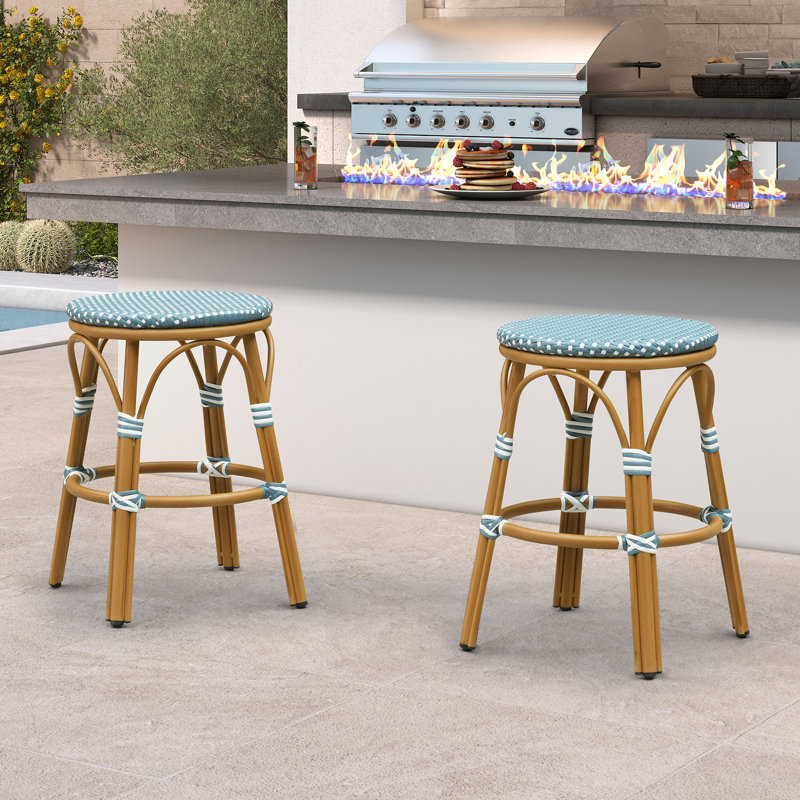  Ensemble de 2 tabourets de bar ronds en rotin, 25", Soft Blue
