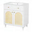 Meuble-lavabo de 30 pouces avec lavabo en céramique, structure en bois massif, tablette réglable et panneaux avant en rotin pour un rangement élégant-129184497