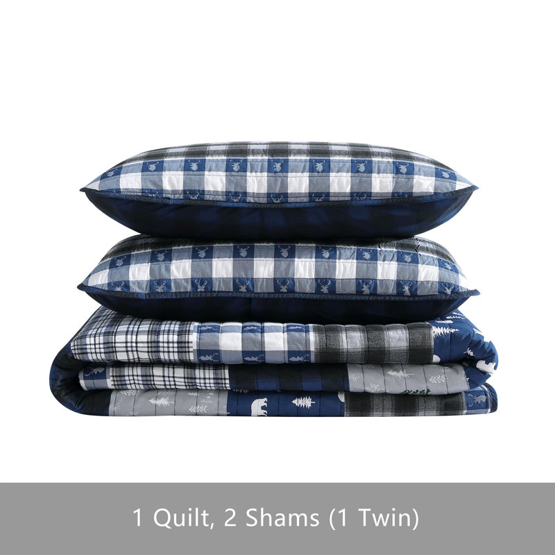 Full Blue Cotton Reversible Quilt Set