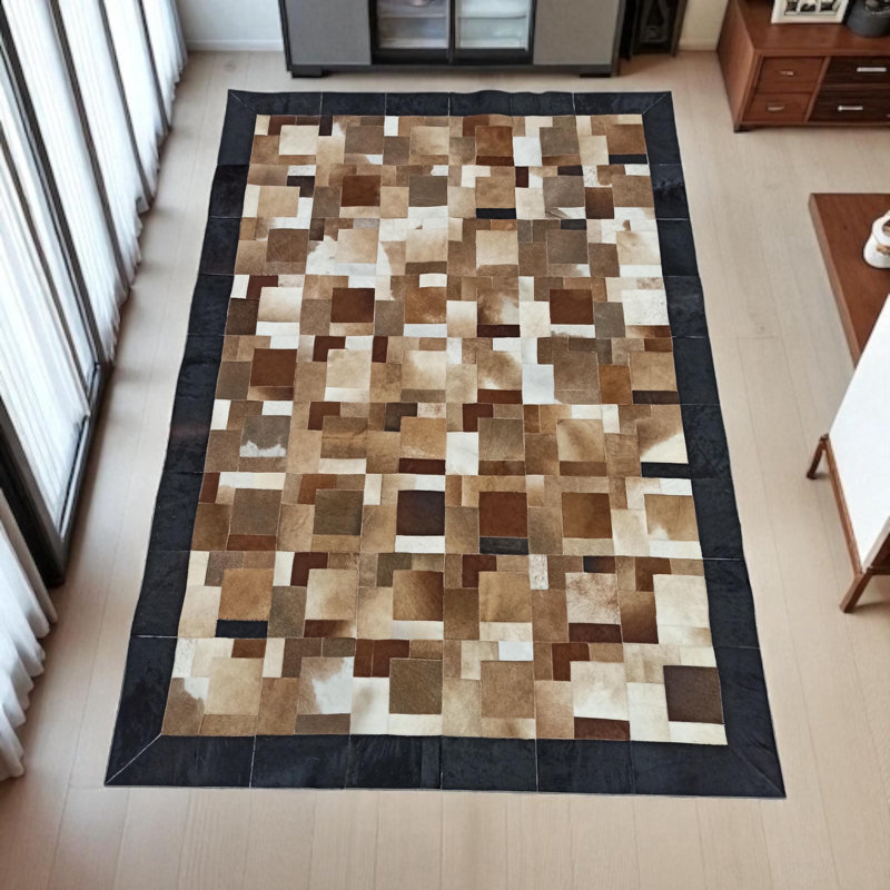 Tapis brun en peau de vache patchwork, décoration de maison et de bureau, Rectangle 9 pi 6 po x 13 pi 6 po