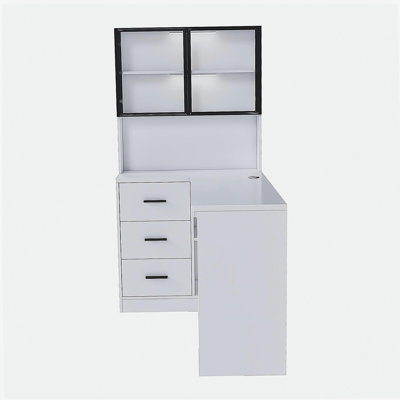 Bureau d'ordinateur avec armoires en verre et lumières DEL intégrées, bureau de coin en L avec ports de chargement USB, plateau à clavier, conception ergonomique pour les espaces de travail à domicile et d'entreprise (blanc)