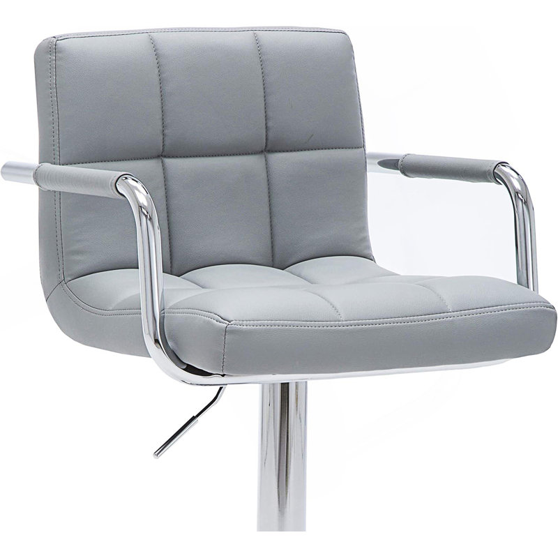 Contemporary Adjustable Swivel Arm Bar Stool With Cushion, Grey