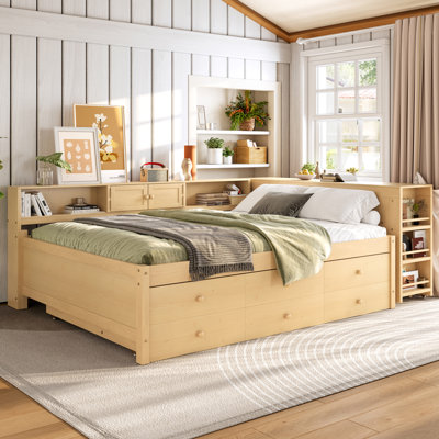 Lit de jour double en bois avec couchette, tiroirs de rangement, tablettes latérales et bureau, cadre de lit de jour multifonctionnel, naturel
