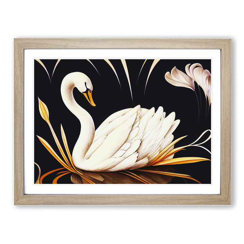 Swan Art Nouveau - Single Picture Frame Print, 46cm H x 64cm W x 2cm D, Oak Framed