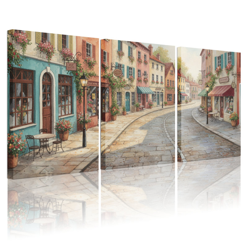 Scène de ville européenne charmante avec 3 édifices d'art sur toile, H 30 po x l 60 po