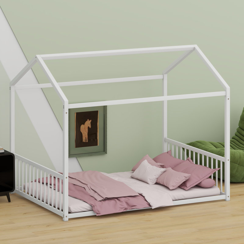 Minimalist House-Style Floor Bed For Independent Sleepers, White, Full