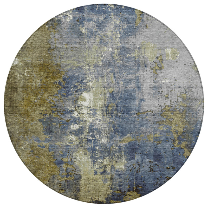 Tapis extérieur rond lavable abstrait kaki et denim bleu 8 pi