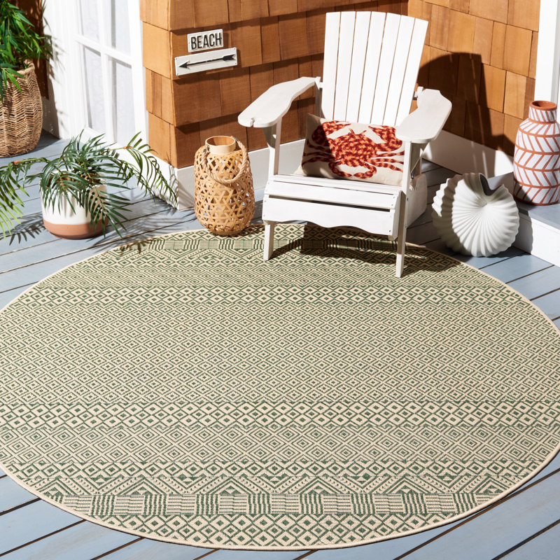 Tapis intérieur / extérieur vert foncé / beige Cate Southwestern, Rond 6 pi 7 po