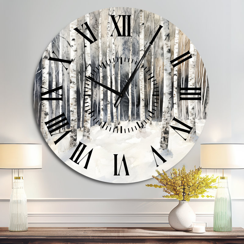 Horloge murale en métal représentant une forêt de bouleaux givrés en hiver - Nature, Surdimensionné