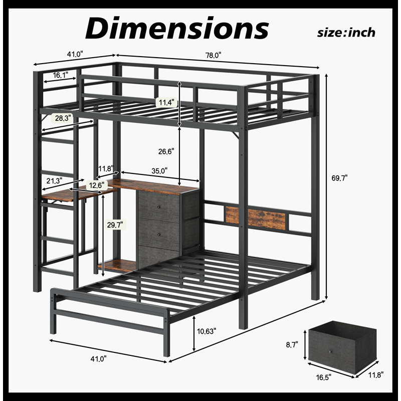 Lit superposé en métal avec table pliante, 3 tiroirs de rangement, lumières DEL et station de charge, garde-corps et échelle, peu encombrant, noir