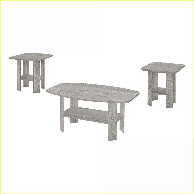 Ensemble de tables basses et de tables d'appoint 3 pièces en bois gris avec tablettes et bords arrondis pour le salon