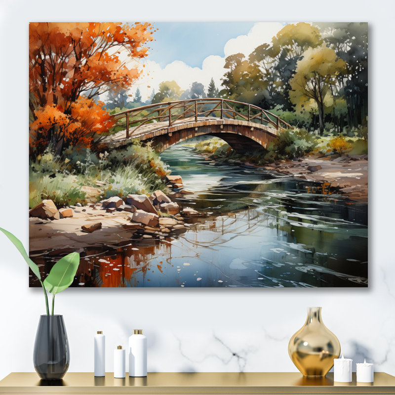 Maddoc Beige Bridge Impressionist Crossing An I - print, H 34 po x l 44 po x P 1,5 po, Toile tendue