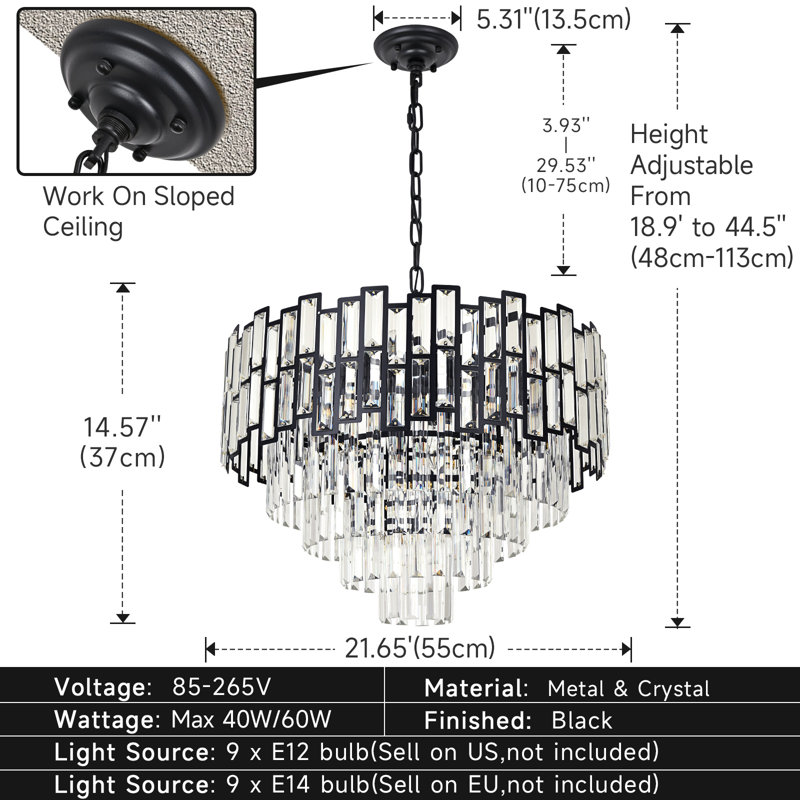 Lustre à niveaux variable 15 lumières Gonnie, Noir, H 14,5 po x l 21,6 po x P 21,6 po