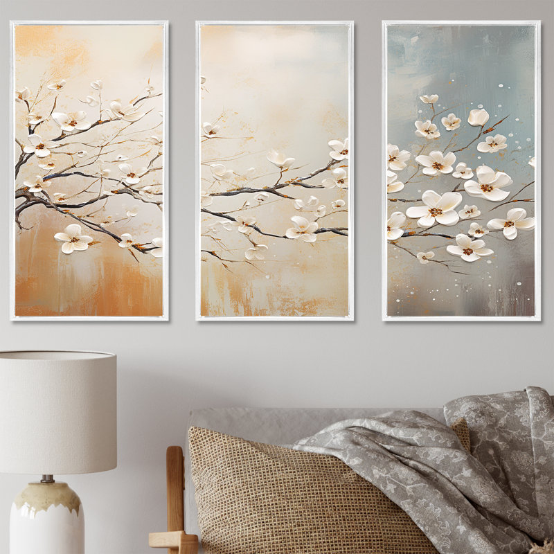 Dogwood Blooms Sunset - ensemble d'art mural cornouiller, Cadre flottant blanc, H 40 po x l 60 po x P 1 po