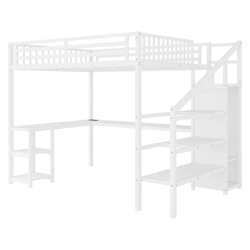 Grand lit mezzanine en métal avec bureau en L, garde-robe, DEL et station USB