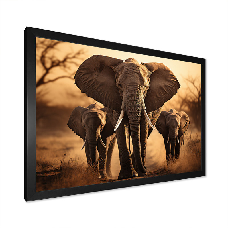 «Elephant Shadows Of Serenity I», art sur toile éléphant, H 16 po x l 32 po x P 1 po, Cadre simple noir