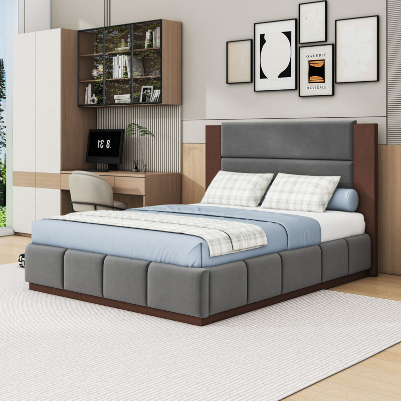 Lit plateforme tapissier élégant avec tête de lit en tissu d'ameublement doux, Grand lit, Gris