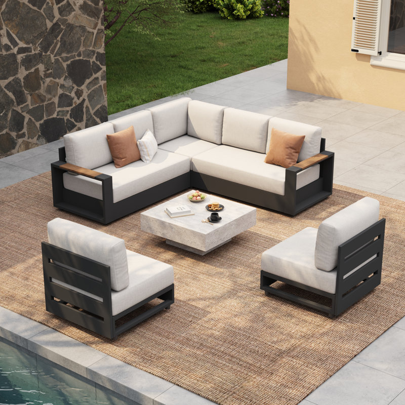 Ensemble de conversation modulaire avec canapé pour 7 personnes Wallie, No, 4 Pcs: Table, Sectional, 2 Armless Chairs