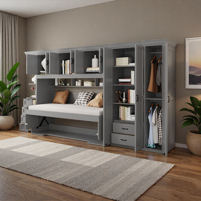 Lit escamotable simple avec bureau intégré et garde-robe | Unité murale multifonctionnelle avec armoire de rangement