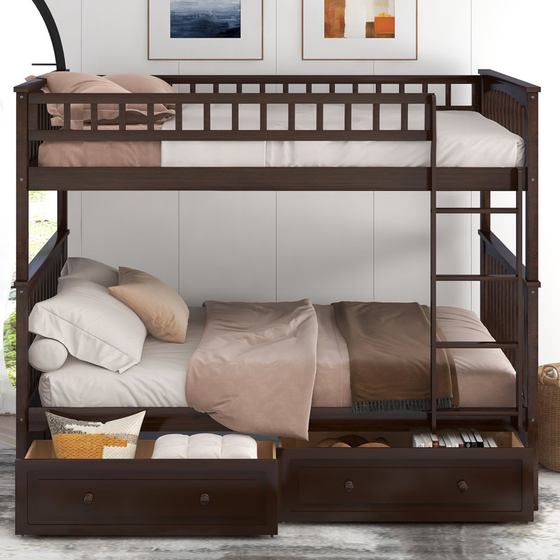 Lit double superposé au-dessus, tiroirs, option convertible, bois de pin massif, cadre, barrières de sécurité en forme de clôture, tâche d'assemblage rapide au-dessus du lit et matériau, tiroirs avec poignées à roulettes, processus de mise en place facile