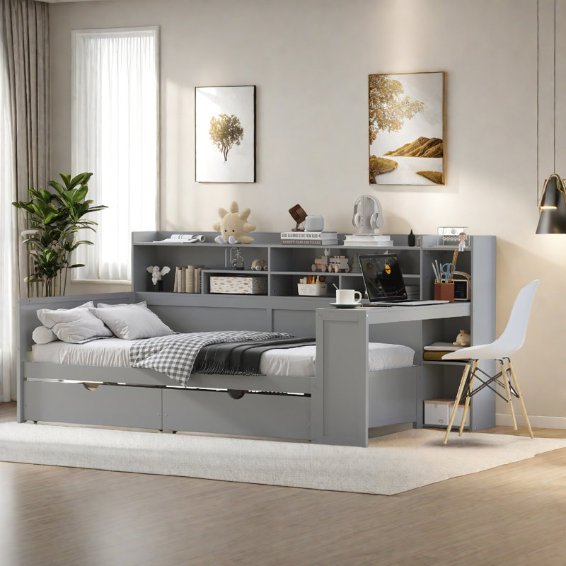 Wooden Multi-Functional Daybed With Storage Shelves, 2 Drawers And Study Desk, Twin
