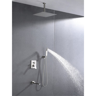 Douche de plafond en acier inoxydable - Nickel brossé avec douchette à main et tête de 16 po pour la portabilité de la buse autonettoyante par une pluie naturelle