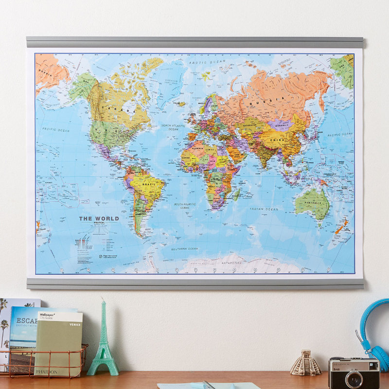 Medium World Wall Map Political - Single Picture Frame Print, 90.1cm H x 118.9cm W x 0.5cm D, Grey Framed