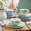 Service de table en porcelaine 24 pièces, assiettes à fleurs bleues et vertes, service pour 6-131123659