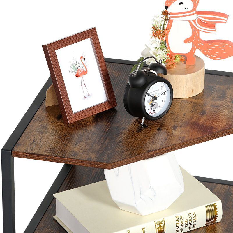 Kempst 4-Tier Corner End Table Triangular Sofa Table Corner Cabinet For Living Room, Brown Top/Black Base