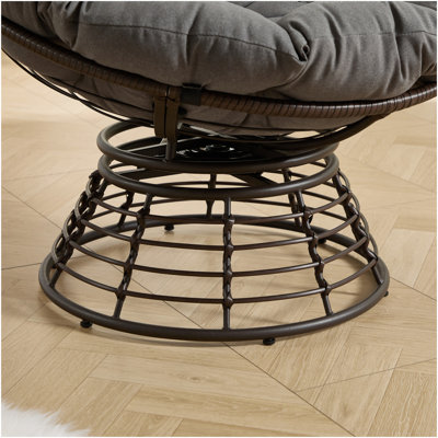 Fauteuil ergonomique confortable en osier Papasan, fauteuil pivotant à 360 ° pour l'intérieur et l'extérieur avec coussin épais et doux, idéal pour le salon, la chambre à coucher, la salle de lecture, structure brune avec coussin gris