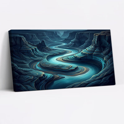 «Glowing Blue River Winding Through Canyon Layers», art mural sur toile