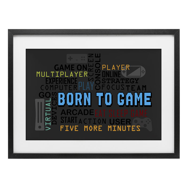 «Born To Game Arcade», reproduction encadrée sous verre, conception de Kim Allen, H 14 po x l 20 po, Cadre noir minuit